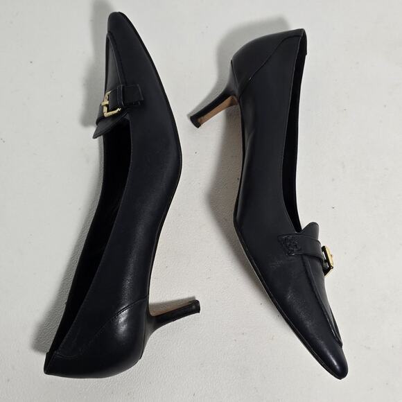 BROOKS BROTHERS Leather 7.5 Kitten Heels Buckle Pointed Toe Italy Bluish Black - Picture 8 of 12